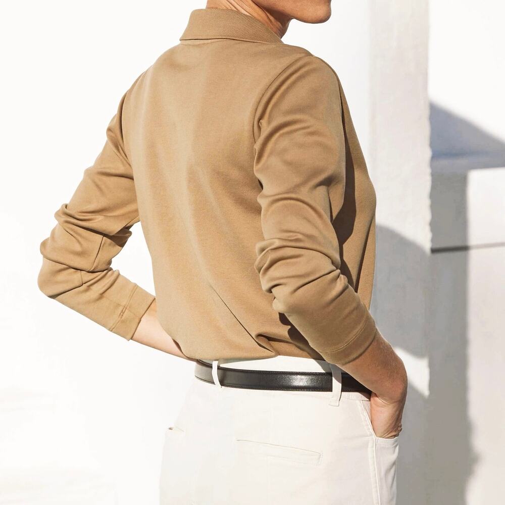 AYR Franny Pima Cotton Knit Classic Polo Shirt Top Camel Tan Chipwich Womens M - Picture 9 of 12